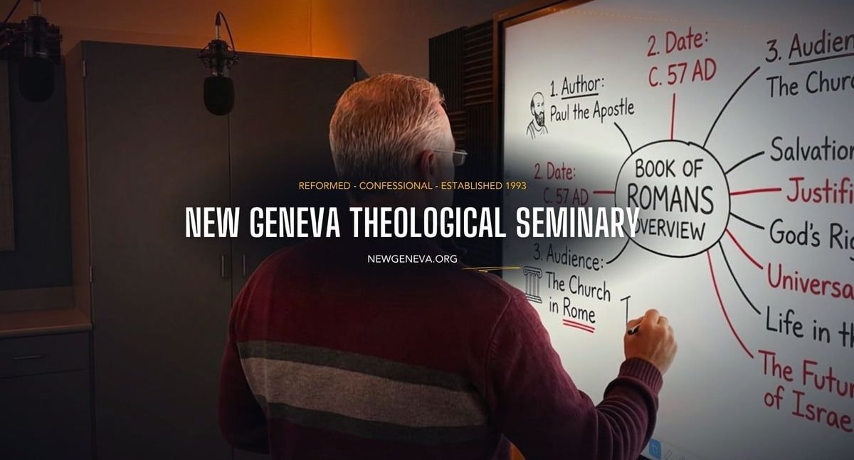 Dr. Toby Holt teaching a Book of Romans overview at the whiteboard in the New Geneva studio
