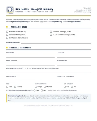 Page one of the New Geneva application for admission.