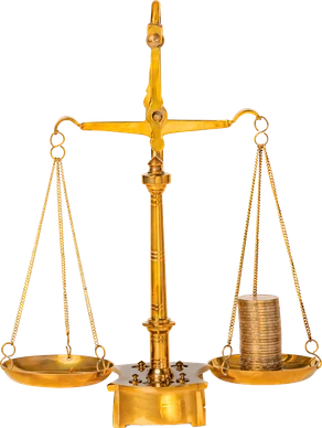 A gold balance scale with a stack of coins in one pan.