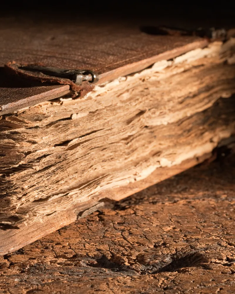 The frayed, splayed page edges of a much-used old book.